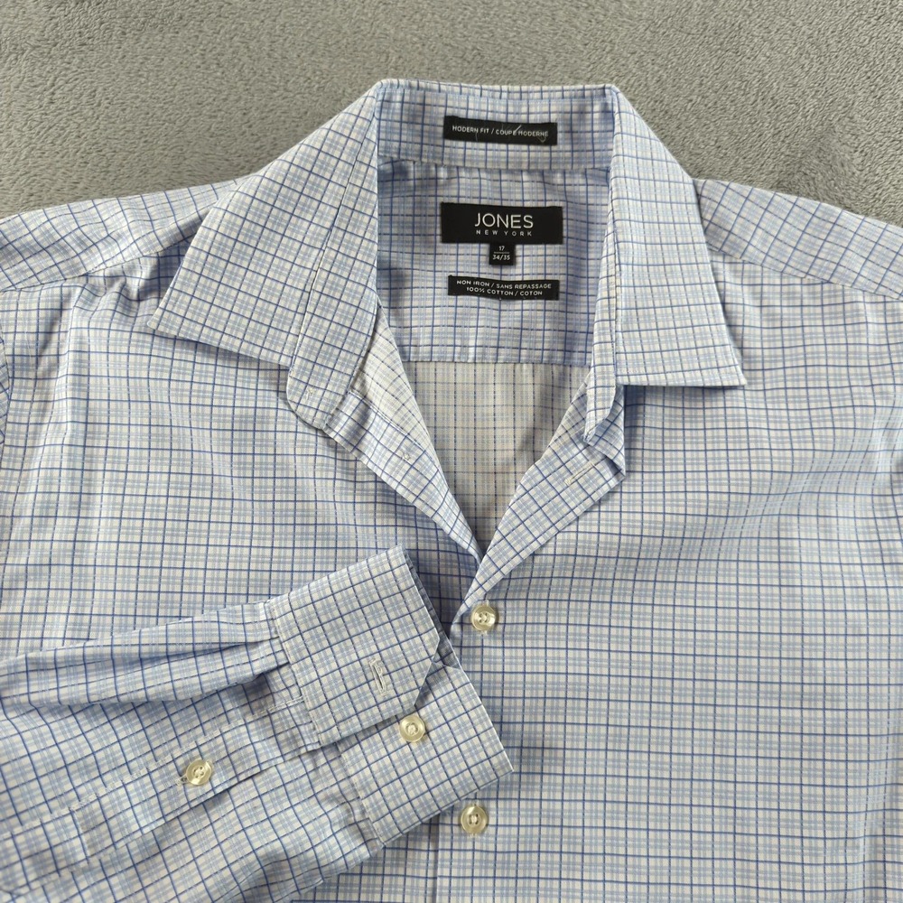 Jones New York Shirt‎ Mens 17 34/35 Modern Fit Blue Check Non Iron Dress Cotton